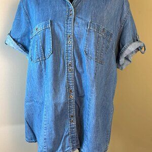Vintage Women's XL Rider Denim Short Sleeve Shirt Workday Wear Cottage Casual